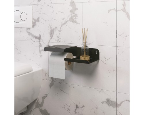 Настенный металлический держатель для туалетной бумаги и освежителя с полкой для хранения в ванную комнату TEMPACHE, 25х6х13 см, черный