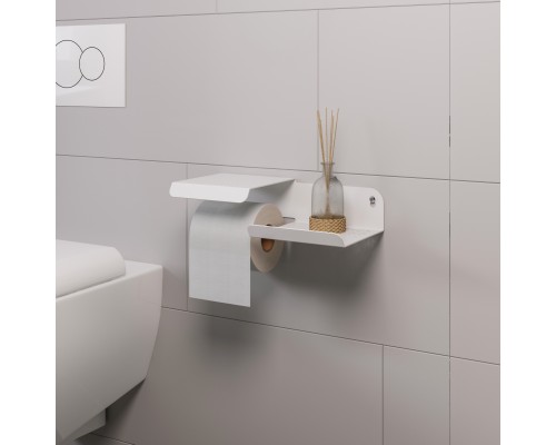 Настенный металлический держатель для туалетной бумаги и освежителя с полкой для хранения в ванную комнату TEMPACHE, 25х6х13 см, белый