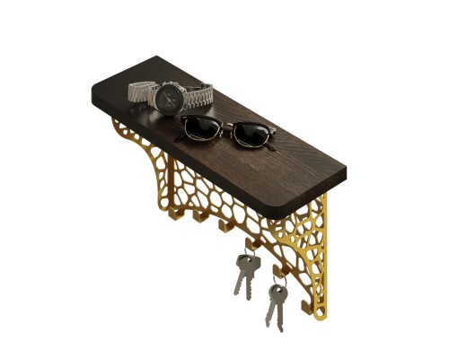 Полка настенная с крючками, вешалка ключница металлическая с полкой из дерева (венге)  в прихожую TEMPACHE, 40х23х14, золотая