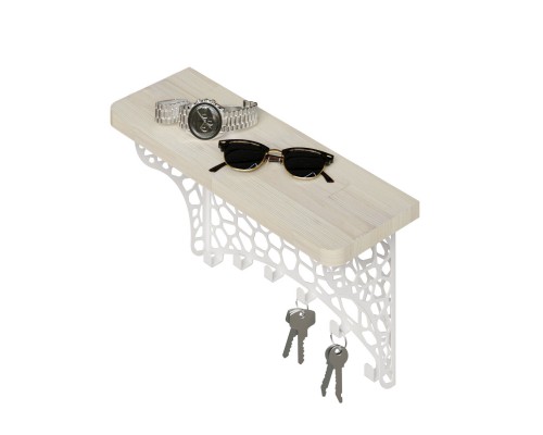 Полка настенная с крючками, вешалка ключница металлическая с полкой из дерева (белый)  в прихожую TEMPACHE, 40х23х14, белая