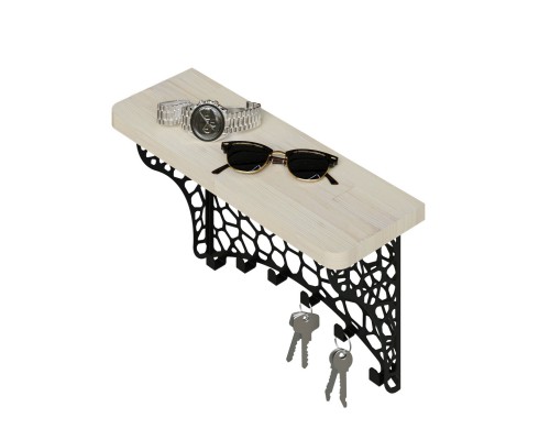 Полка настенная с крючками, вешалка ключница металлическая с полкой из дерева (белый)  в прихожую TEMPACHE, 40х23х14, черная