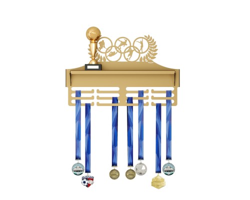 Металлическая медальница с полкой для кубков, держатель медалей,  вешалка для наград TEMPACHE 29х45х11,5 см, золотая, 1 шт.